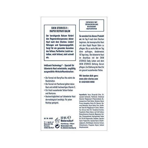SKIN STORIES Rapid Repair Balm 1 x 50 ml - Crème après-tatouage apaisante au panthénol - Soin de tatouage pour favoriser la P...