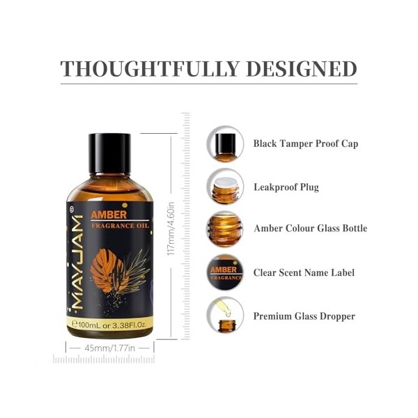 MAYJAM Huile Parfumée De Ambrée 100ml, Premium Huile Parfumée Ambrée Pour Diffuseur DHuiles Essentielles, Aromathérapie Parfum