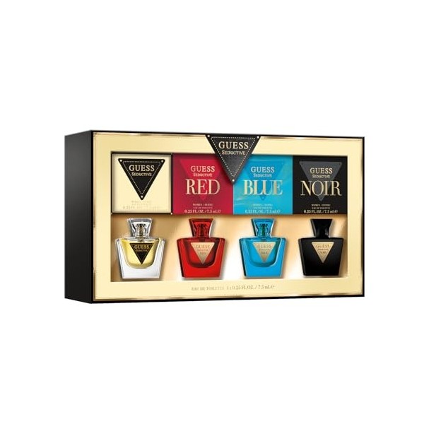 GUESS Coffret Parfum Femme – 4 Miniatures Eau de Toilette 7,5 ml chacune : Seductive, Red, Blue, Noir