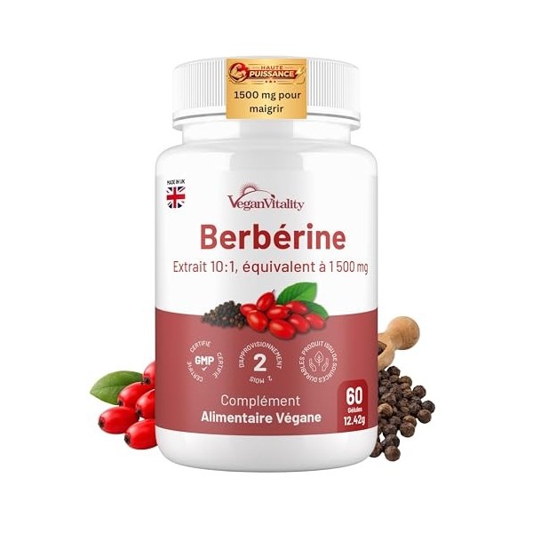 Berberine à haute puissance 1500 mg avec poivre noir – 60 capsules végétaliennes 2 mois – Berberine perte de poids – Fabriq