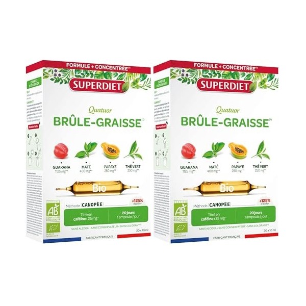 SUPERDIET – QUATUOR BRÛLE-GRAISSE BIO – Guarana, Maté, Thé Vert, Papaye – Fabrication française – Titré en caféine – 2025 mg ...