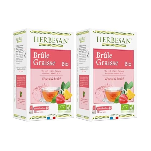 HERBESAN®-INFUSION MATE VERT BRÛLE GRAISSE BIOMaté vert, Thé vert, Guarana, Ananas - 20 sachets Lot de 2 Brûleurs de graisse