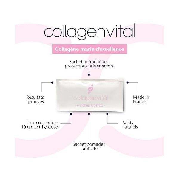 Collagen Vital - Collagen Vital Minceur & Détox - Cure de 1 Mois - Actifs de Biopeptides de Pur Collagène Marin - Goût Nature