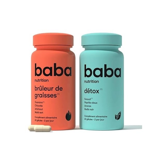 Baba Nutrition - Detox & Brûleur – Complément Alimentaire Minceur Naturelles à Base de Plantes – 2 x 60 Gélules – Cures 1 Moi