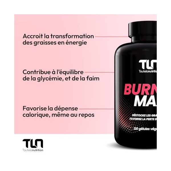 BURNER MAX | Brûleur de Graisse Hautement Dosé | Caféine Naturelle + L-Carnitine + Guarana | Burner Thermogénique, Lipotrope,