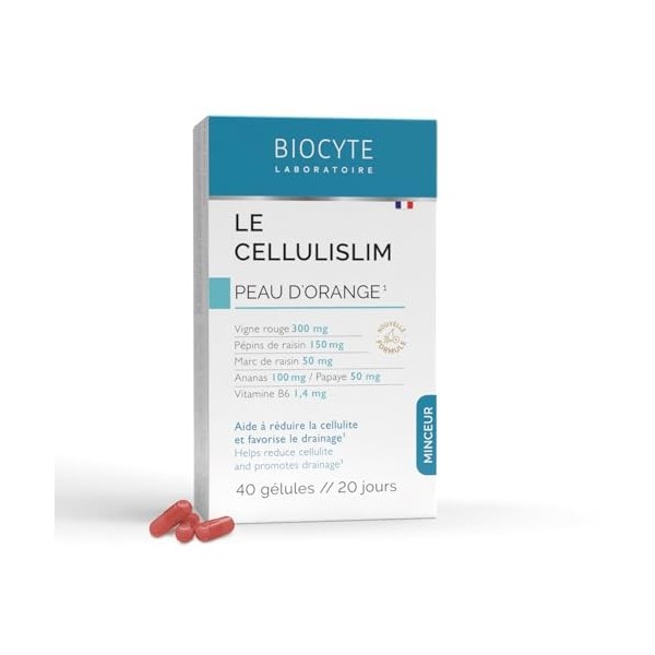 BIOCYTE Le Cellulislim - Complement Alimentaire Anti Cellulite & Draineur - Vigne Rouge, Cafeine, Vitamine B6-40 gélules - Pr