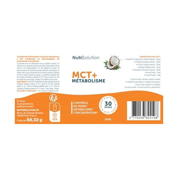 MCT+ par Nutrisolution: Extrait dHuile de Coco Premium - Stimule le Métabolisme avec Schisandra, Rhodiola & Thé Vert - Brûle ...
