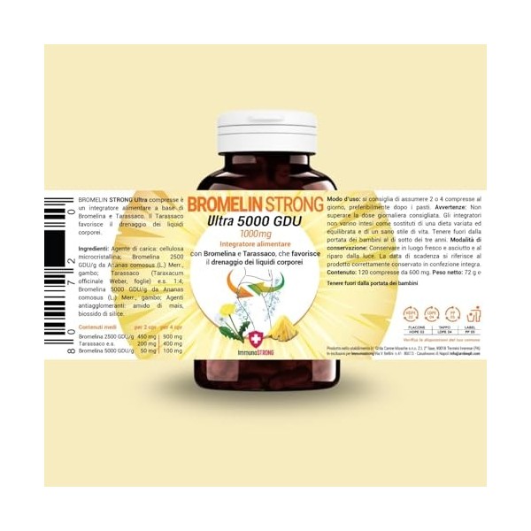 Bromélaïne 5000 GDU/g avec pissenlit - 120 comprimés de 1000 mg - ImmunoSTRONG