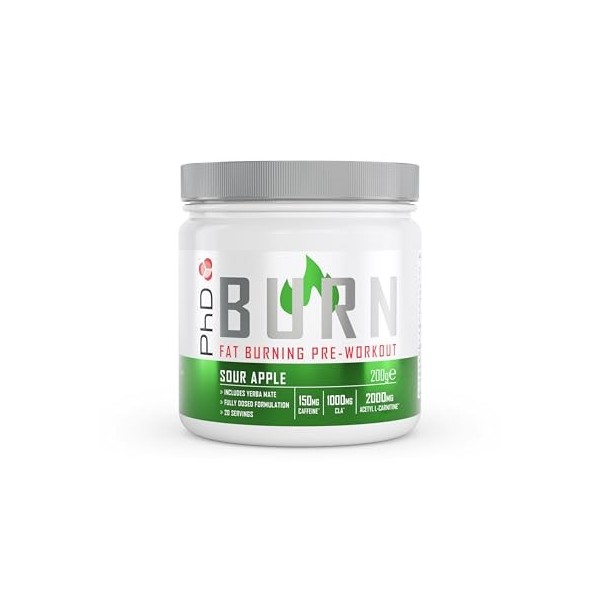 PhD Nutrition Burn Pre-Workout poudre 200g Pomme acidulée - Pre Workout Booster pour améliorer les performances physiques et 