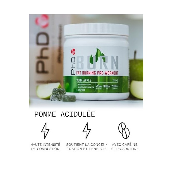 PhD Nutrition Burn Pre-Workout poudre 200g Pomme acidulée - Pre Workout Booster pour améliorer les performances physiques et 
