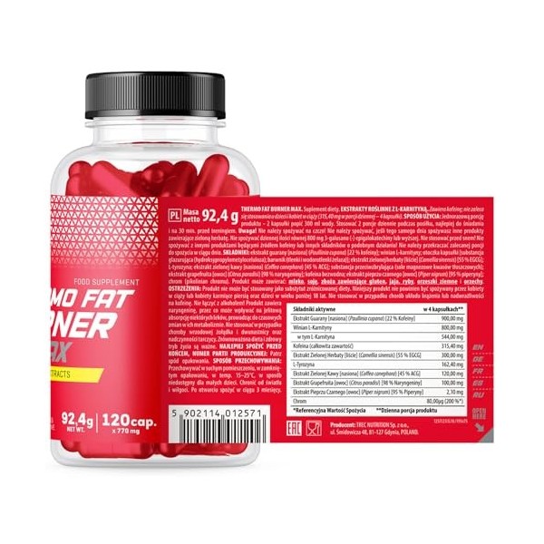 Brûleur de graisse thermique Max 120 comprimés Trec, améliore le métabolisme des calories et des graisses, complexe thermogèn
