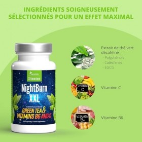 Extrait de thé vert décaféiné de première qualité, vitamine B6, vitamine C - Capsules brûle-graisse de 90 jours - Nightburn X...