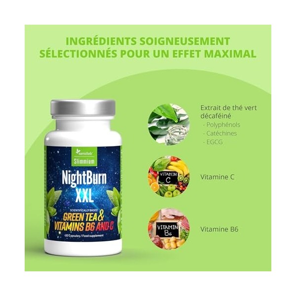Extrait de thé vert décaféiné de première qualité, vitamine B6, vitamine C - Capsules brûle-graisse de 90 jours - Nightburn X...
