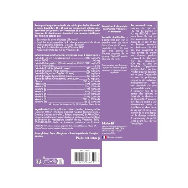NATURFIT® EquiLibre 30-45 ans - Complément alimentaire à base de Thé vert, Safran, Chrome, Rhodiole & Gingembre - Équilibre h...