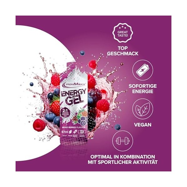 IronMaxx® Energy Gel – Mixed Berries 24x67ml | Avec 25 g de glucides et 200 mg de sodium par portion | Idéal lors dun effort ...