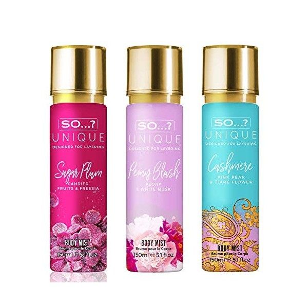 So…? Unique Sweet Petals Brume Parfumée Sugar Plum, Peony Blush, Cashmere Brume Corporelle Parfumée Pour Femme 150ml Lot de 