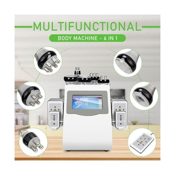 Machine de cavitation 40K – Appareil amincissant 6 en 1 avec 5 sondes et 8 coussinets pour réduire les rides, façonner le cor