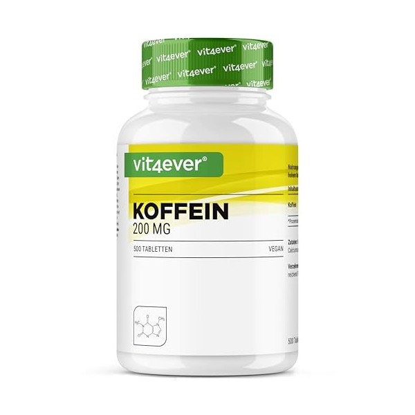 Comprimés de caféine de 200 mg chacun - 500 comprimés - Sans additifs indésirables - Hautement dosé - Végétalien - Qualité su