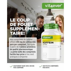 Comprimés de caféine de 200 mg chacun - 500 comprimés - Sans additifs indésirables - Hautement dosé - Végétalien - Qualité su