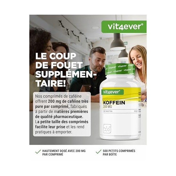 Comprimés de caféine de 200 mg chacun - 500 comprimés - Sans additifs indésirables - Hautement dosé - Végétalien - Qualité su