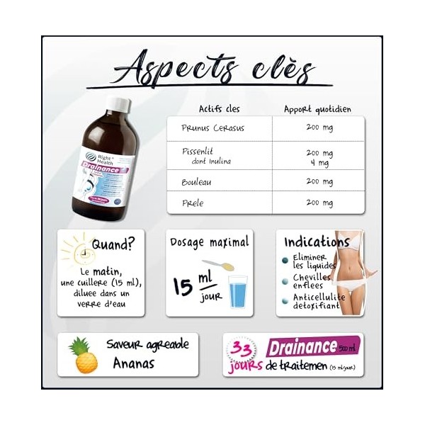 DRAINANCE: Draineur puissant détox 500ml 30 Jours. Drainant minceur à boire goût ananas. Diurétique naturel rétention d’eau. ...