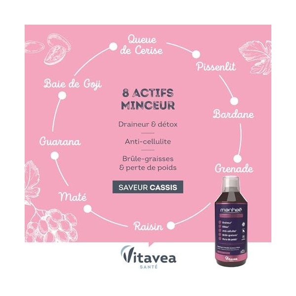 Manhaé - Draineur Expert - Draineur, Détox, Perte de Poids - Guarana, Baie de Goji, Grenade, Bardane, Queue de Cerise - 500ml...