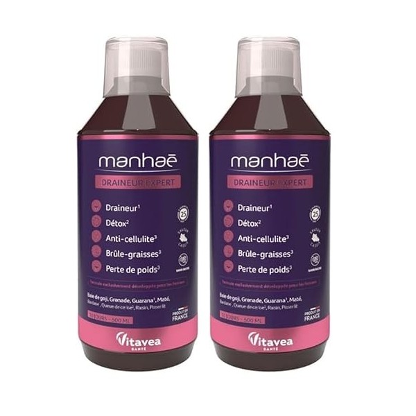 Manhaé - Draineur Expert - Draineur, Détox, Perte de Poids - Guarana, Baie de Goji, Grenade, Bardane, Queue de Cerise - 500ml...