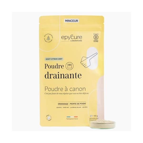 EPYCURE - Poudre Drainante - Détox, Contrôle du Poids, Coupe-Faim Naturel - 100% Naturel - Guarana, Maté Vert, Spiruline - 1 