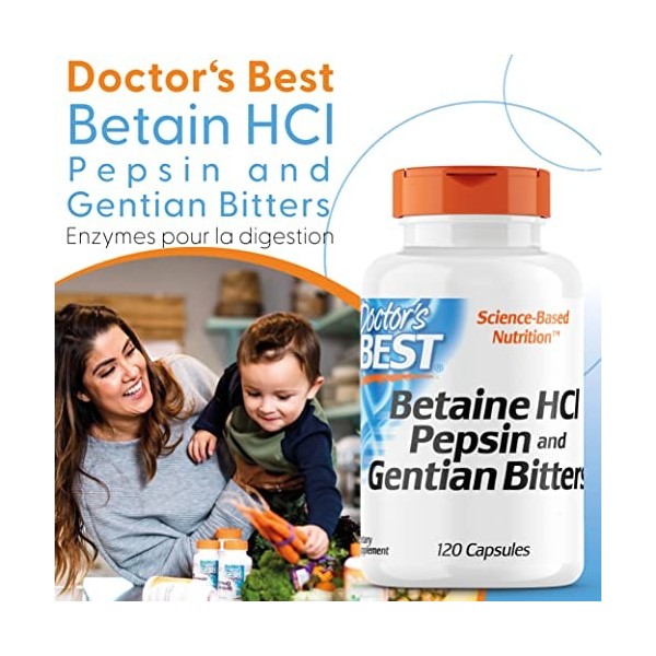 Doctors Best, Betaine HCI avec Pepsine et Gentiane Amère, 650 mg, 120 Capsules molles, Hautement Dosé, Testé en Laboratoire, ...