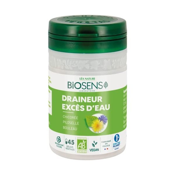 Biosens - Gélule végétale Draineur Excès deau - Chicorée, Piloselle et Bouleau - Certifié Bio AB Vegan - Fabriqué en France 