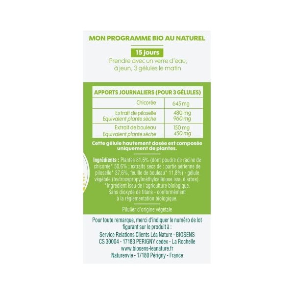 Biosens - Gélule végétale Draineur Excès deau - Chicorée, Piloselle et Bouleau - Certifié Bio AB Vegan - Fabriqué en France 