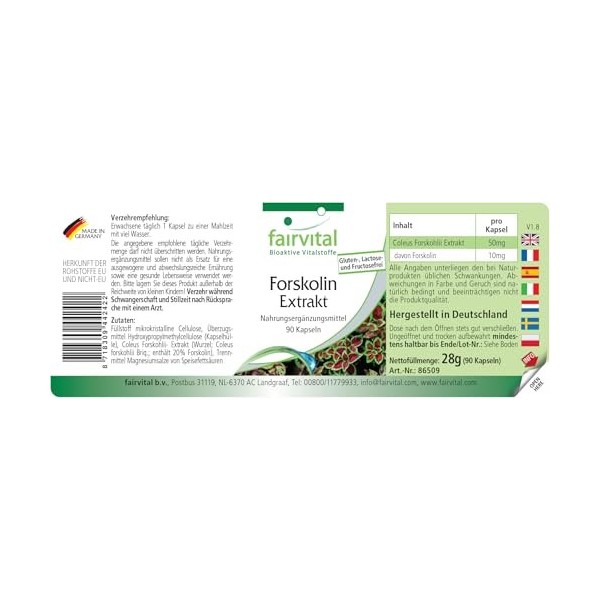 Fairvital | Extrait de forskoline - 90 gélules - à base dextrait de Coleus Forskohlii - qualité contrôlée et haute dose - 10