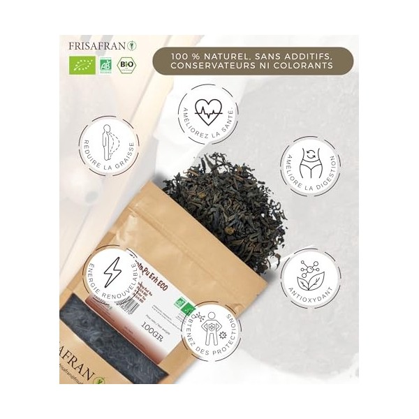 FRISAFRAN | Thé Rouge Pu Erh Bio en vrac 200g | Minceur | Diurétique | Digestif | Détox | Brûleur de graisse | Tisane drainan...