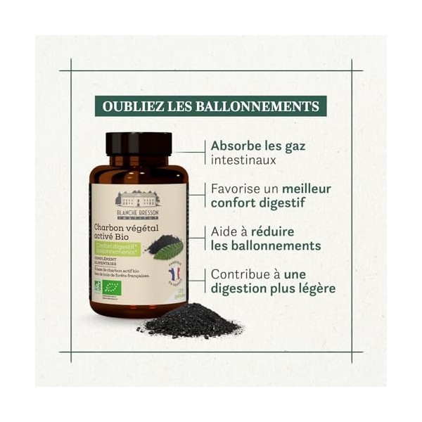BLANCHE BRESSON - Charbon Végétal Activé BIO - Confort Digestif & Ballonnements - Troubles Digestifs, Lourdeurs Abdominales, ...