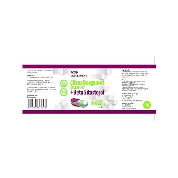 Bêta Sitostérol + Bergamotte Argumes 450mg 120 gélules végétales, Testé par un Laboratoire tiers, sans gluten ni OGM