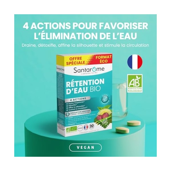 Santarome - Rétention d’Eau Bio – Drainant Naturel – Élimination de l’Eau – Silhouette Affinée – Circulation – Plantes & Bour...