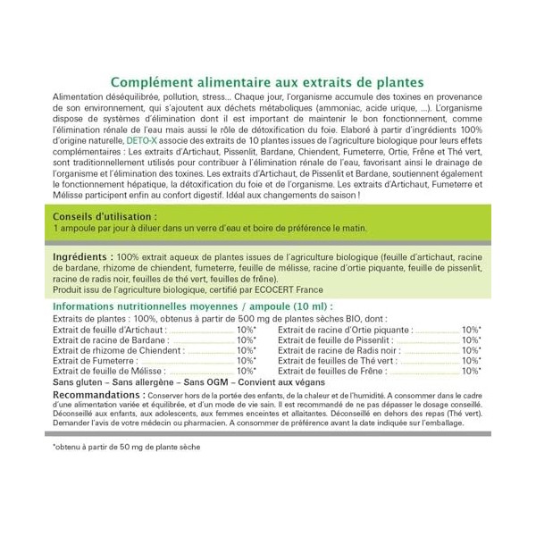 NUTRI EXPERT - Deto-X -Complément alimentaire BIO à base dextraits dArtichaut, Fenouil, Ortie, Bardane, Frêne, Thé Vert & M D...