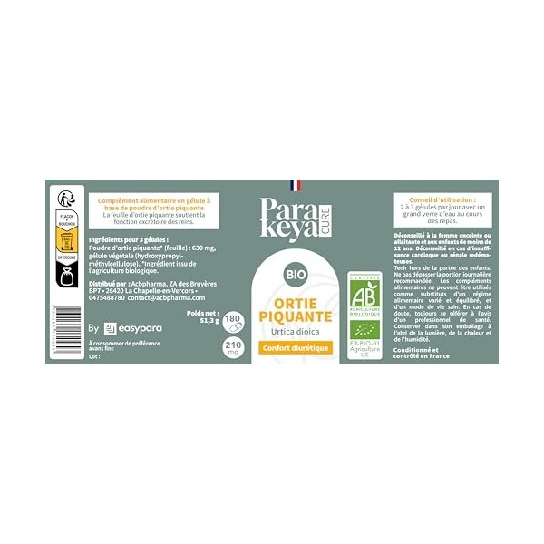 Parakeya - Ortie Piquante Bio 210 mg | Confort Diurétique | Complément alimentaire | 180 gélules Diurétiques