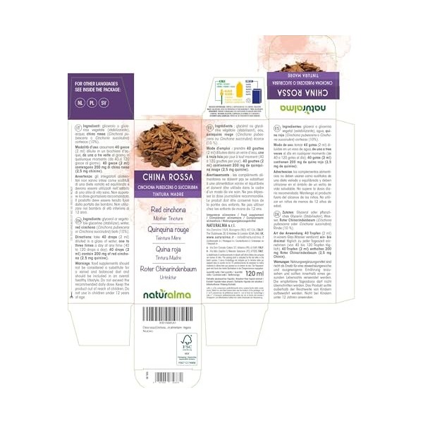 Quinquina rouge Cinchona pubescens ou C. succirubra écorce Teinture Mère sans alcool Naturalma - Extrait liquide gouttes 12