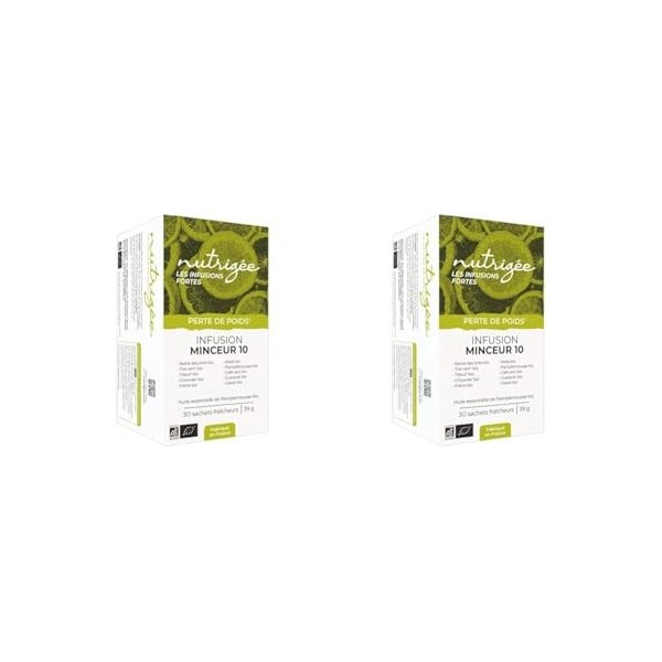 NUTRIGÉE - Infusion Minceur 10 Bio - Double Action - Brûle & Draine - Thé Vert, Café Vert, Guarana, Maté, Reine Des Prés, Bou