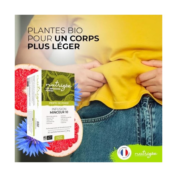 NUTRIGÉE - Infusion Minceur 10 Bio - Double Action - Brûle & Draine - Thé Vert, Café Vert, Guarana, Maté, Reine Des Prés, Bou