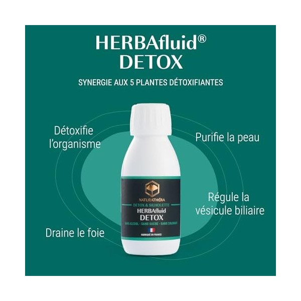 Naturathéra HERBAFLUID DÉTOX - Complément Alimentaire Naturel Détox Drainant Minceur, à base de plantes - 125 ml - Fabriqué e