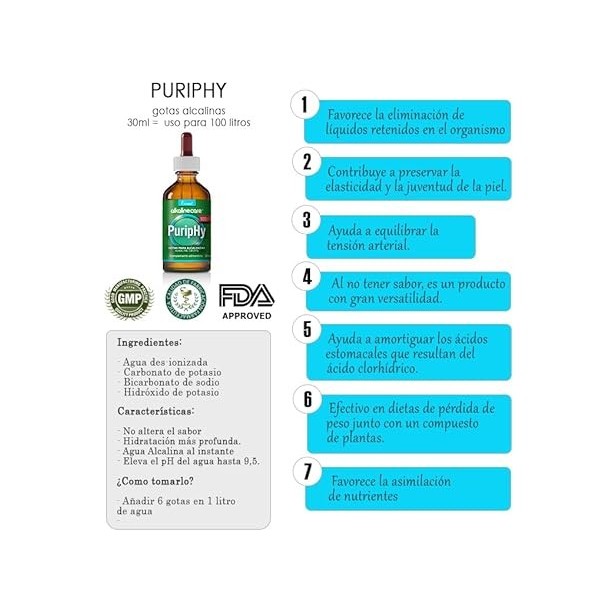 PURIPHY gouttes pour boire de leau alcaline 30 ml Alkaline Care