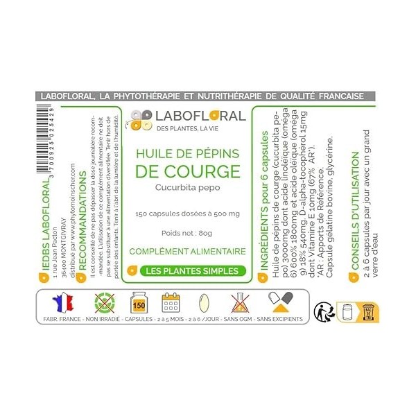 Pépins de Courge Labofloral 150 capsules dosées à 502,5 mg - Complément alimentaire - Draineur, diurétique, urinaire - Fabriq