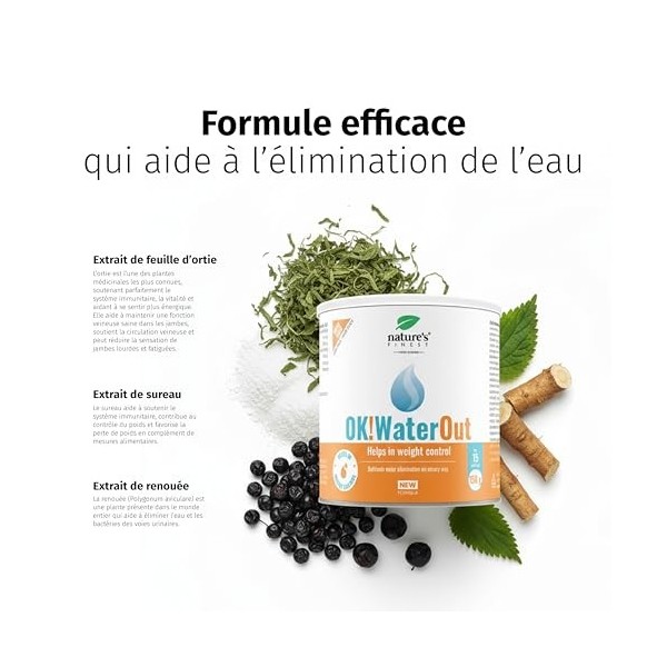 OK!WaterOut - Puissant Contre la Rétention dEau - 150g pour 15 jours, Dose Puissante Sans Additifs Artificiels - Vegan Poudr ...