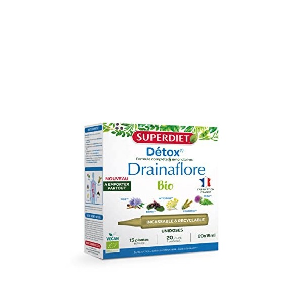 SUPERDIET- DRAINAFLORE BIO - Programme complet de détoxification des 5 émonctoires - Made in France -Format nomade-20 Unidose...