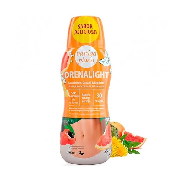 DIETMED Drenalight Ventre Plat - Solution orale 600 ML - Orange Rouge Moro 400 MG - Guarana 300 MG et Café Vert 300 MG - Orth