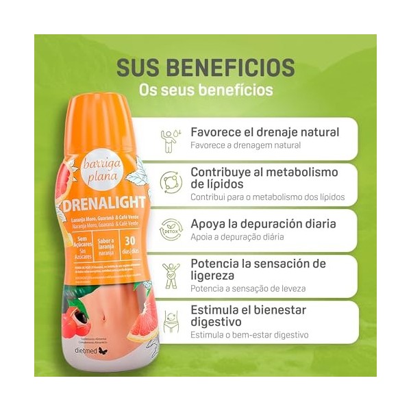 DIETMED Drenalight Ventre Plat - Solution orale 600 ML - Orange Rouge Moro 400 MG - Guarana 300 MG et Café Vert 300 MG - Orth
