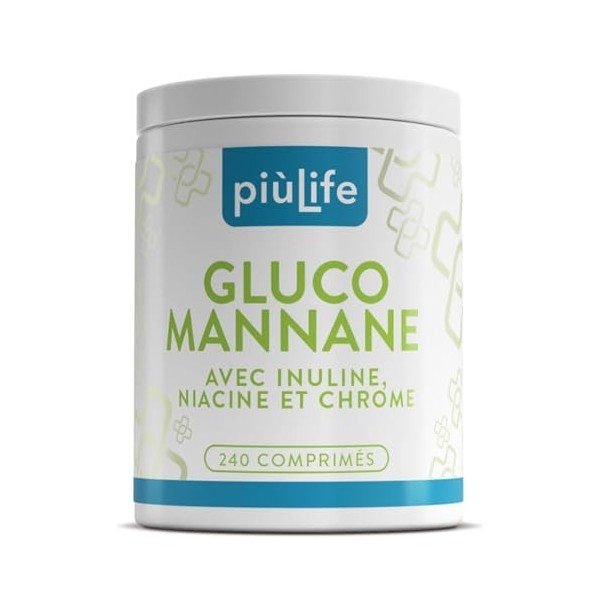 Glucomannane Titré 95% de Konjac PiùLife 240 Comprimés 4000 mg Avec Inuline, Niacine et Chrome, Glucomannane Pur | Fibres Vég