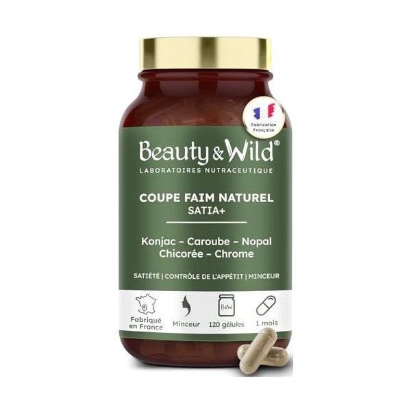 Beauty&Wild Coupe Faim Naturel SATIA+ – Konjac, Nopal, Caroube, Chrome, Contrôle de l’Appétit et Satiété, 120 Gélules, Fabriq